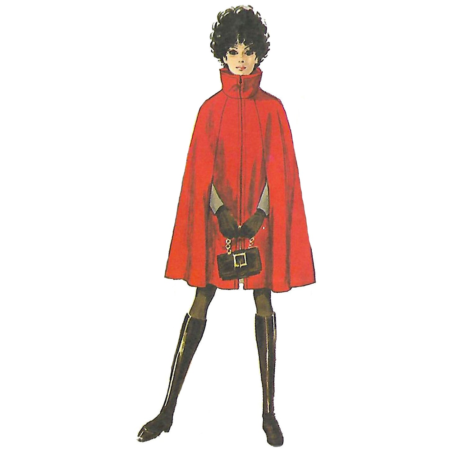 Vintage illustration of a person wearing a red cape and black boots on a white background