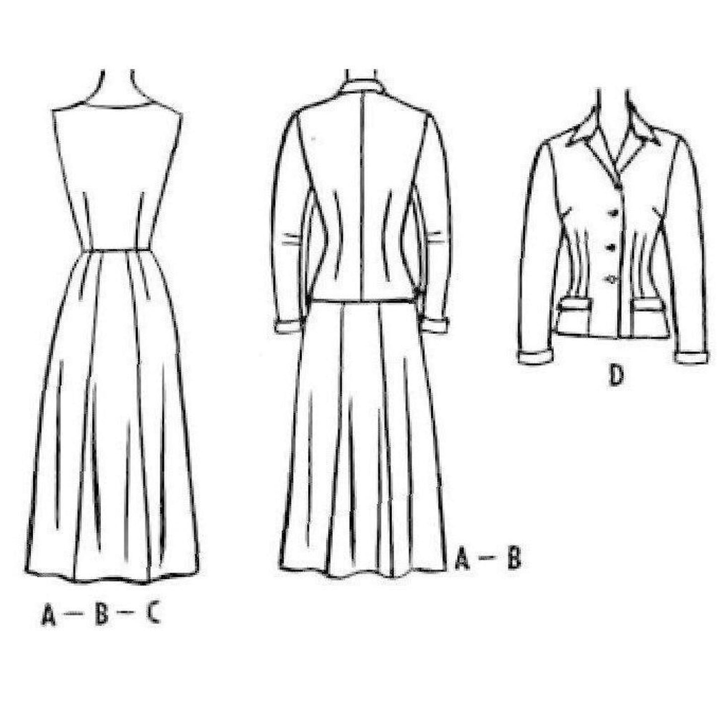 Line drawings of back views of jacket and dress