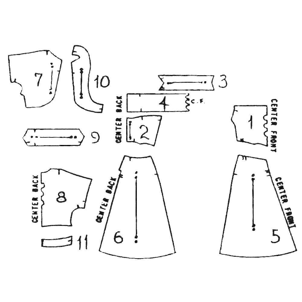 A black and white line drawing of a skirt pattern with 11 pieces labeled with numbers 1 through 11. The pattern includes center front and center back markings. The text 'C.F.' is written on the pattern.