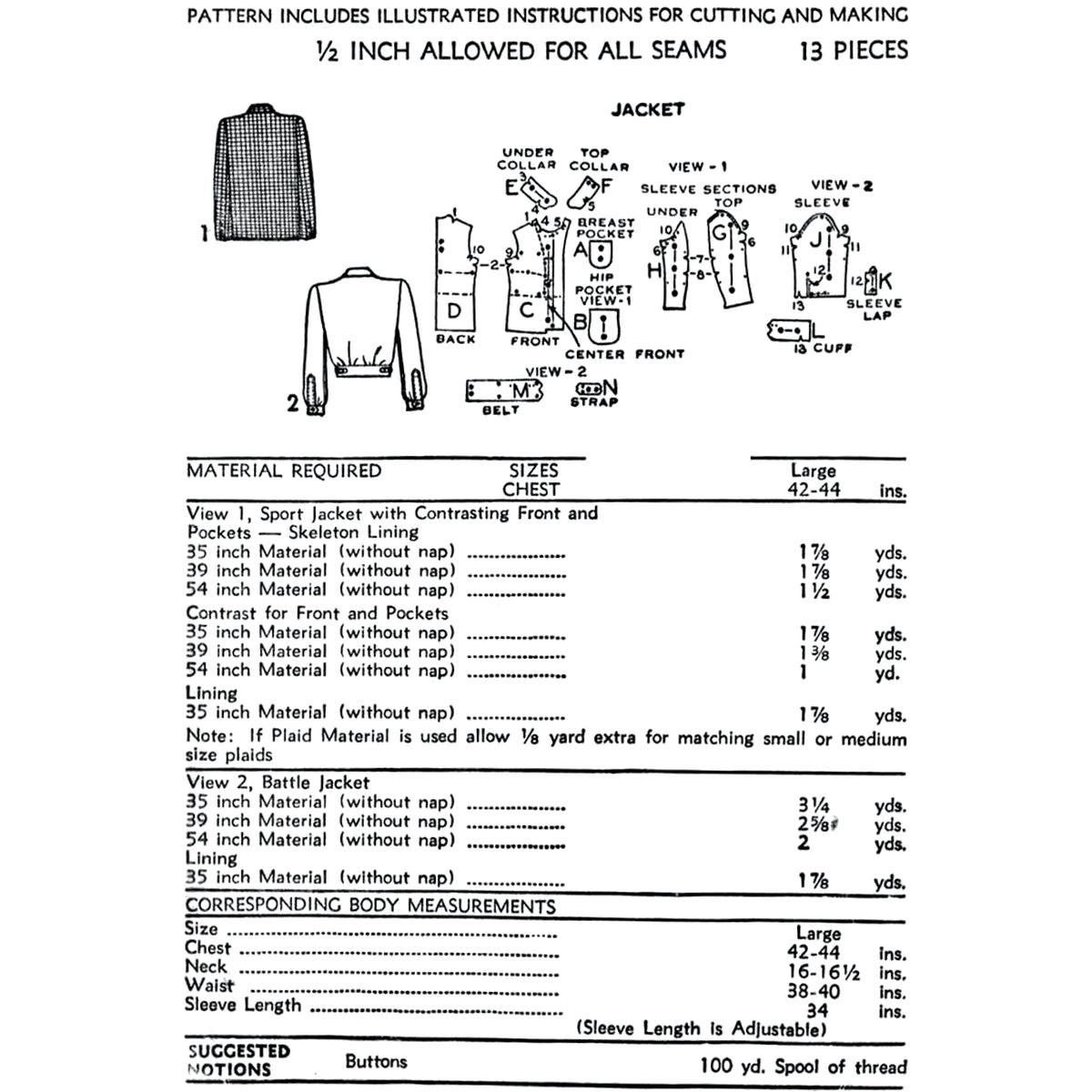 A printed sewing pattern page for a jacket, showing front and back line drawings with labelled views, plus a material and sizes table.