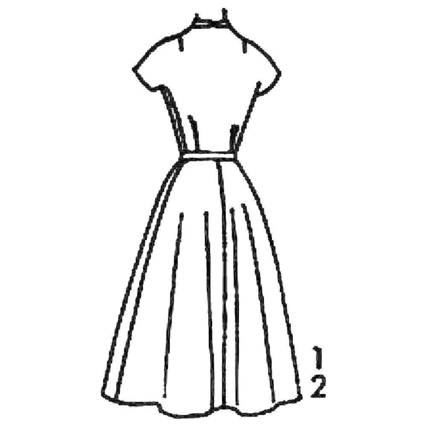 Line drawing of a dress on a mannequin with a label indicating half.