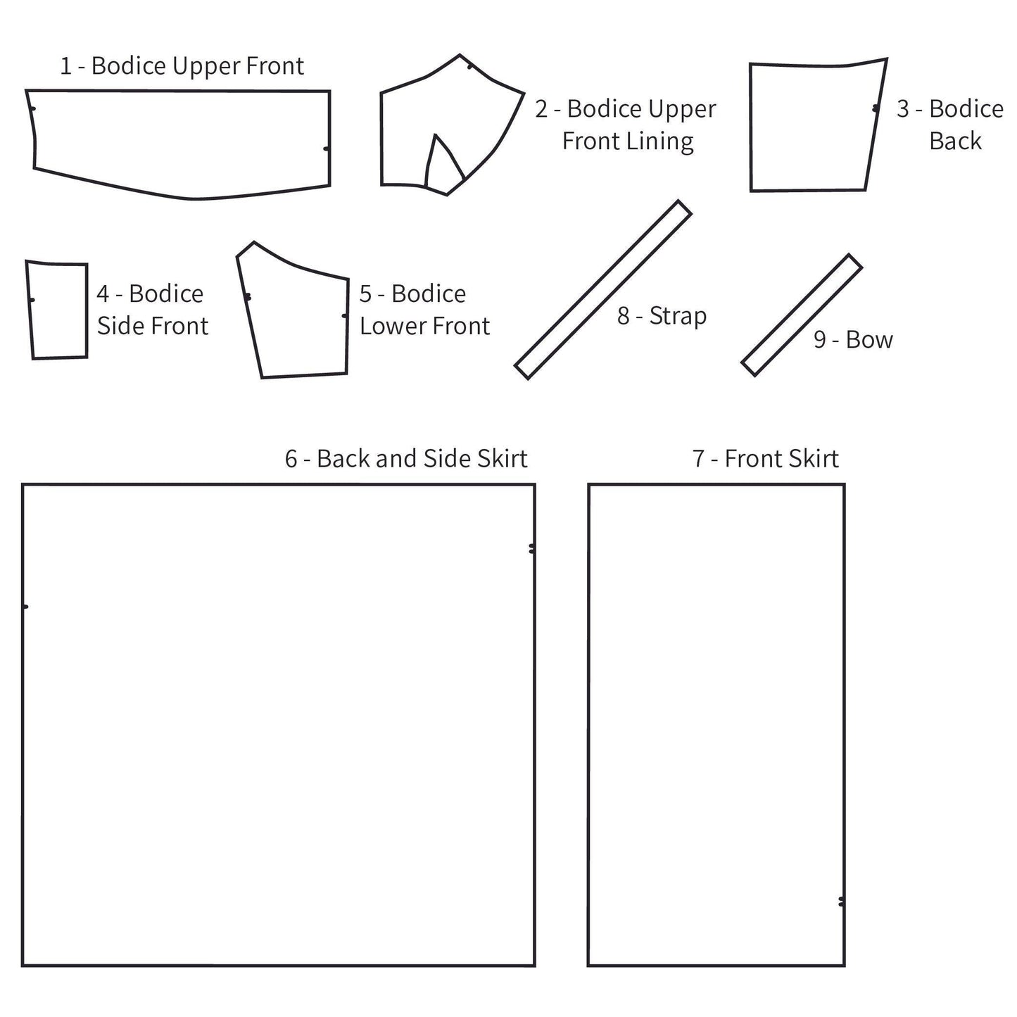 Pattern pieces of the Marilyn Dress A9077 sewing pattern