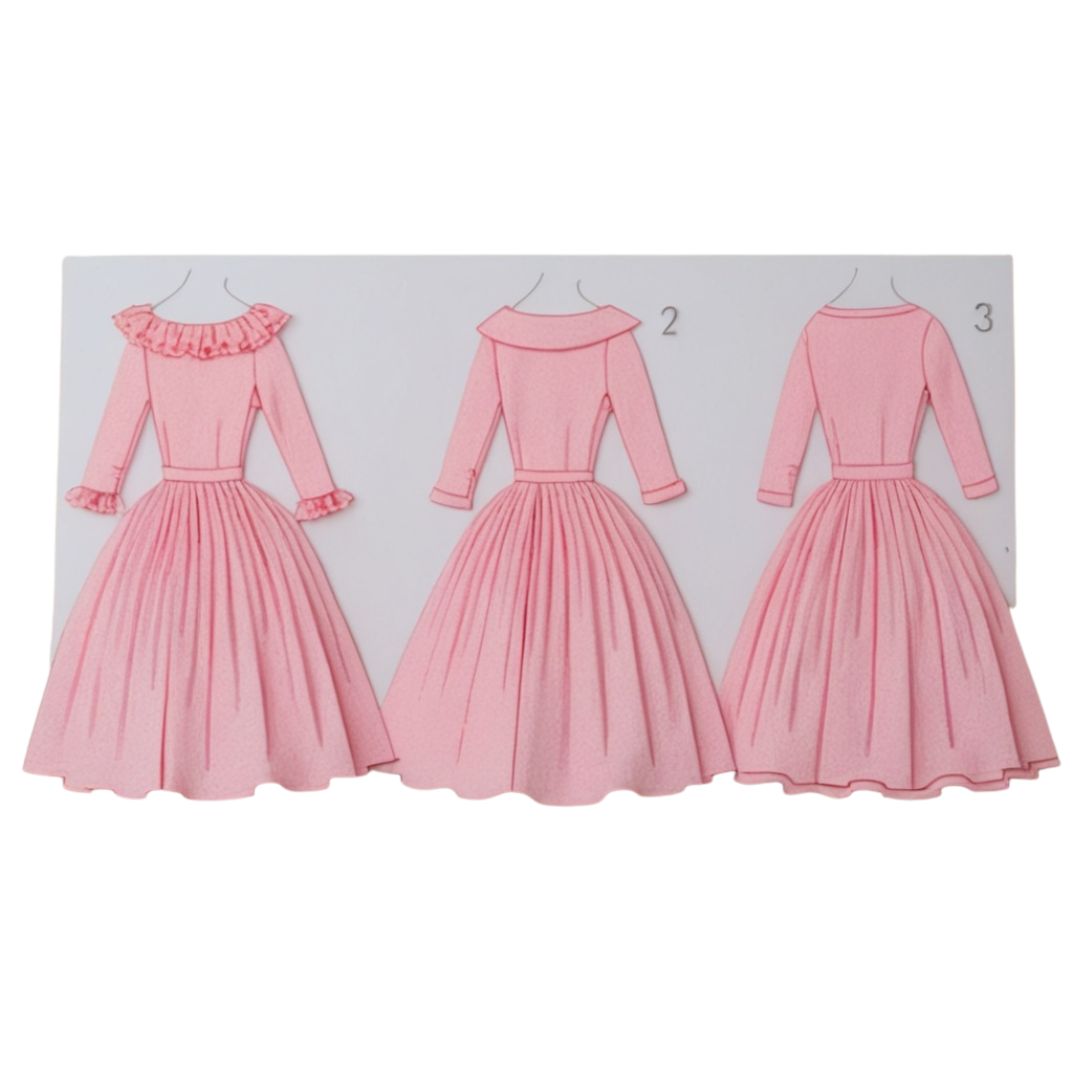 Pink dress shown from three different angles on a white background