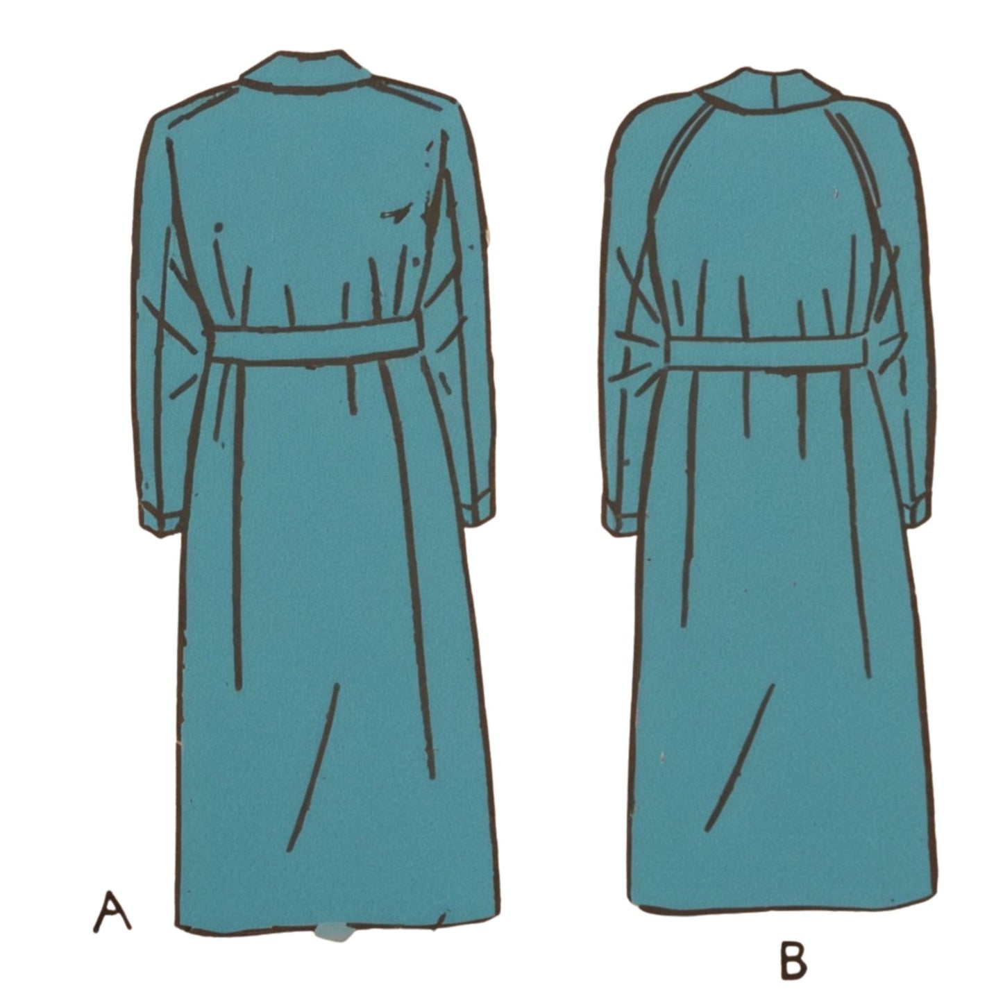 Back of dressing gown with long sleeves shown from front and back on a white background