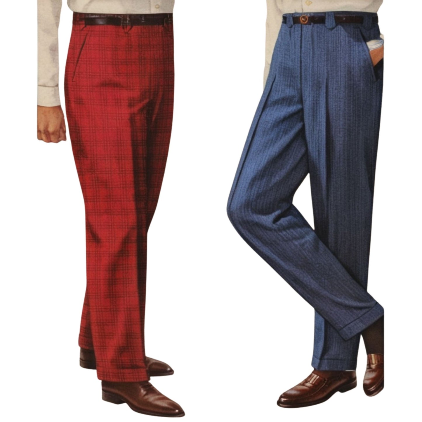Red plaid pants and blue pleated pants on a white background