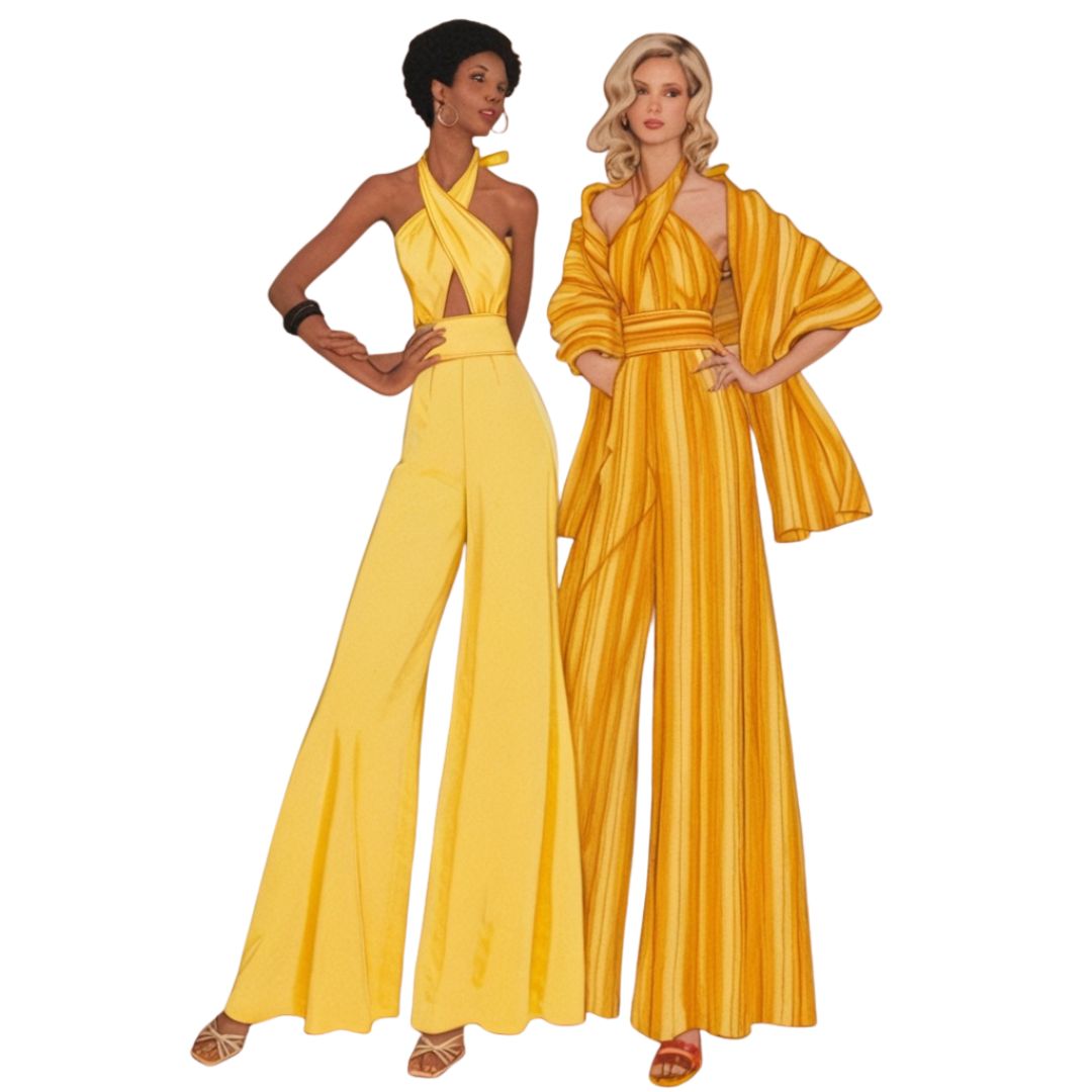 Two women wearing yellow jumpsuits on a white background