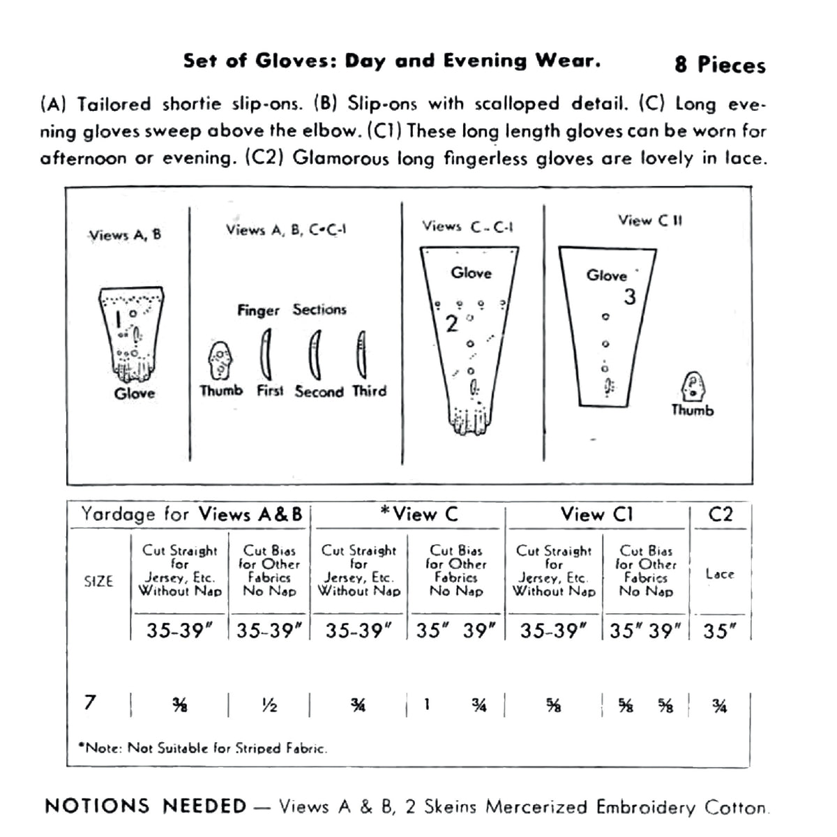 A printed instructional sheet for making gloves, showing labelled diagrams of glove views, measurements, and a yardage table for mercerized embroidery cotton.
