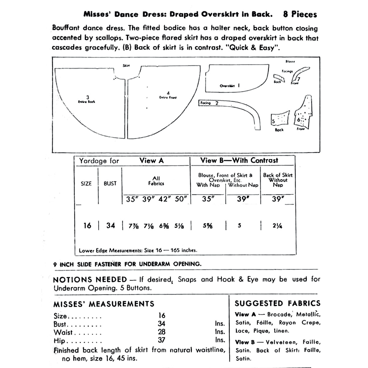 A printed garment measurement page for Misses' dance dress, showing construction notes, a size chart table, and suggested fabrics.
