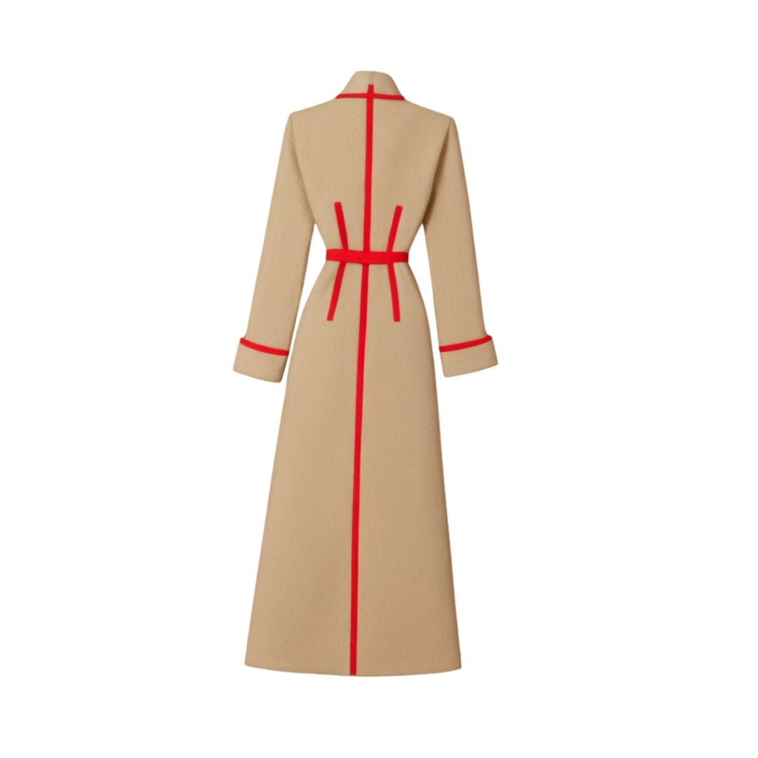 Beige trench coat with red accents on a white background