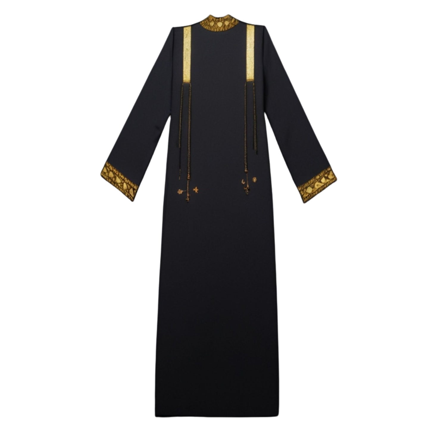 Black dress with gold embroidery on a white background