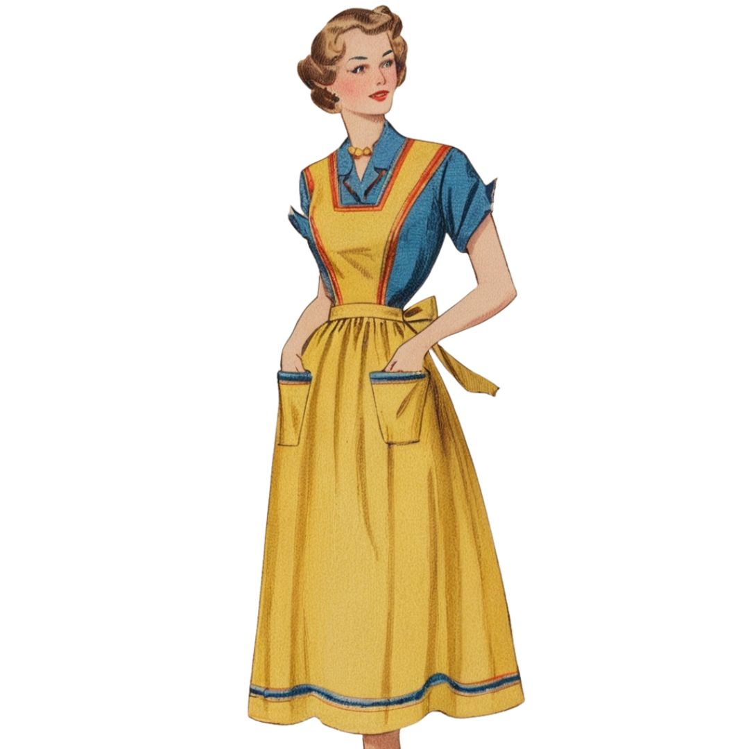 Vintage-style illustration of a woman wearing a yellow apron with blue accents on a white background