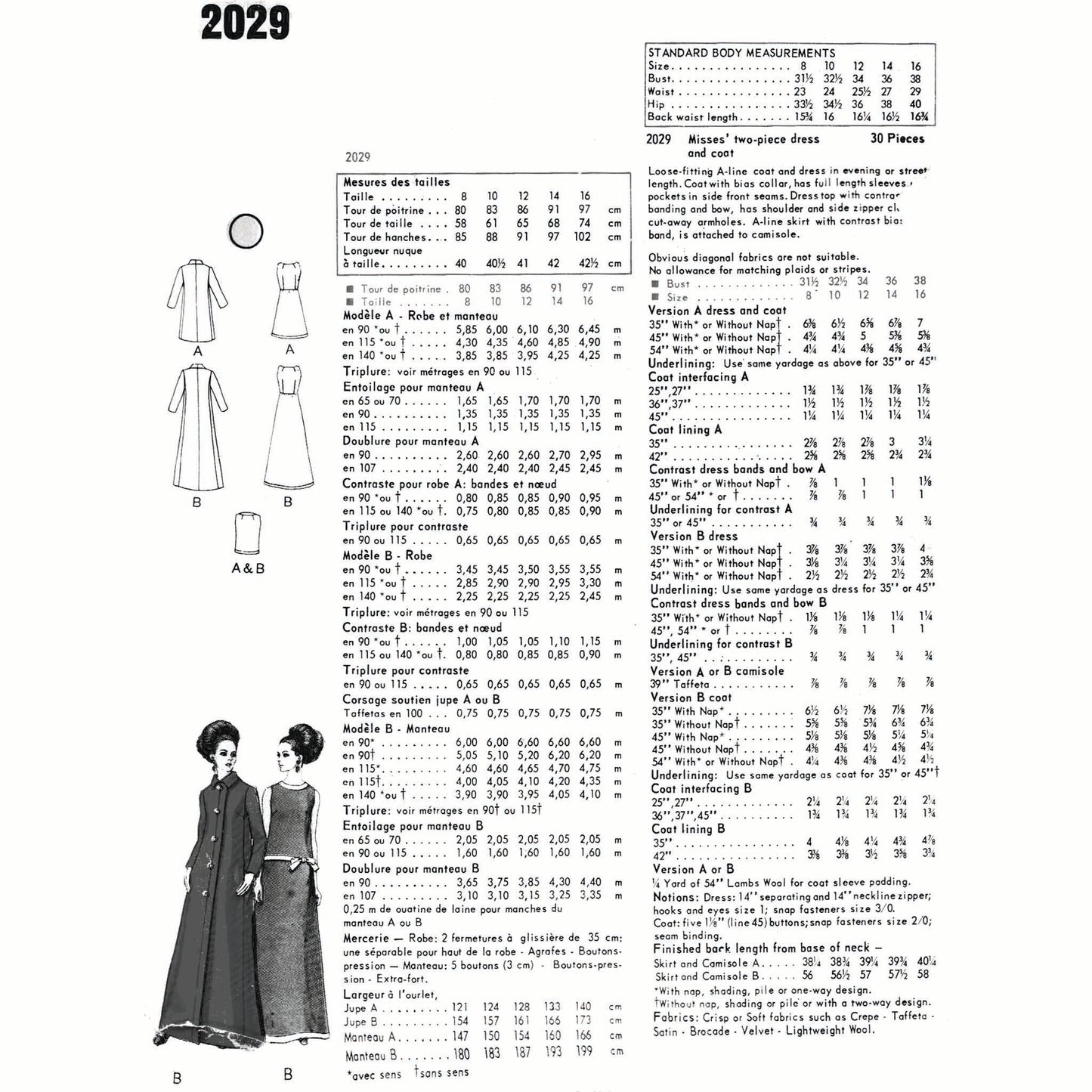 Vintage fashion catalog page with clothing illustrations, measurements, and text.