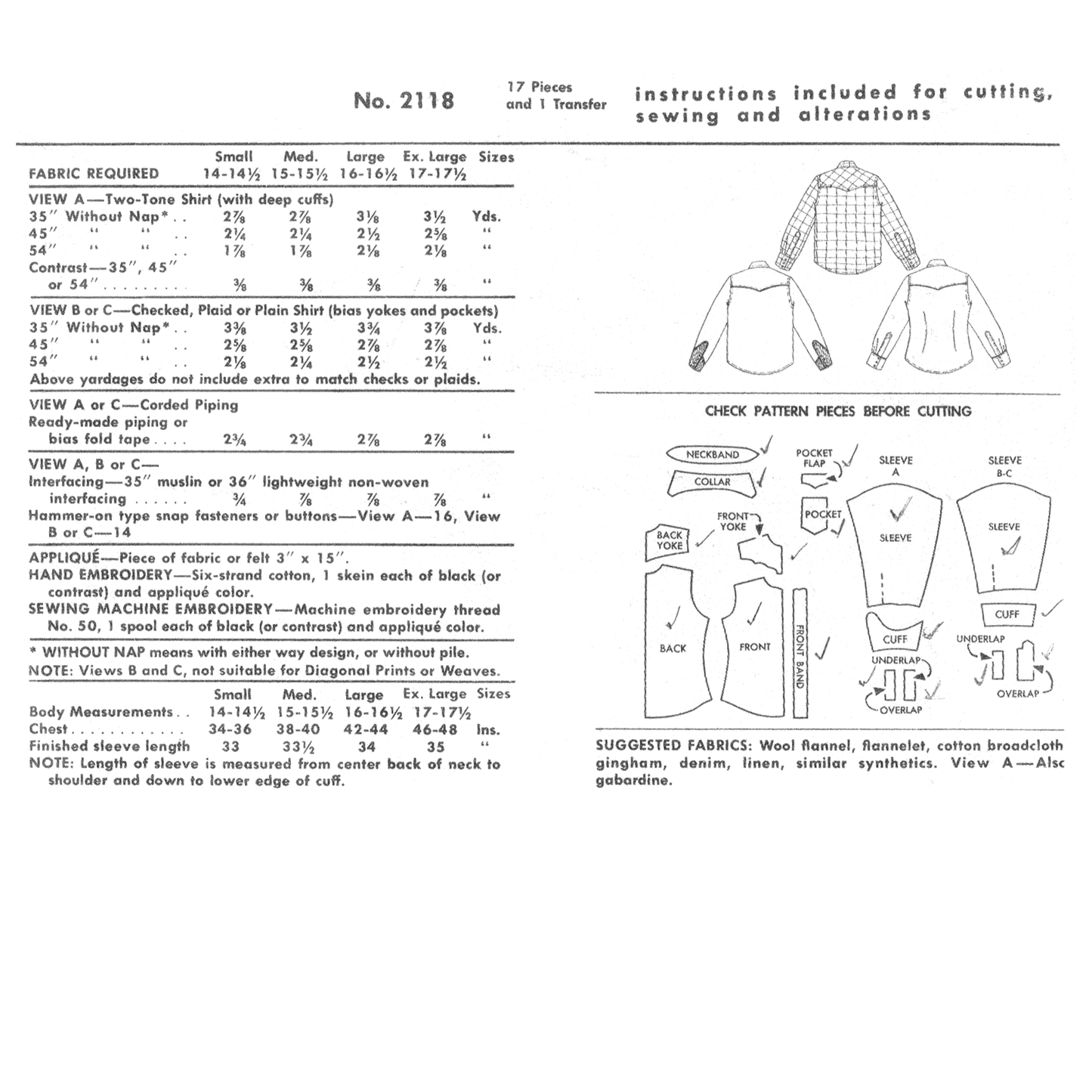 Modello di cucito anni 1950, Camicia western 'Yellowstone' da Uomo - Petto: Misure multiple