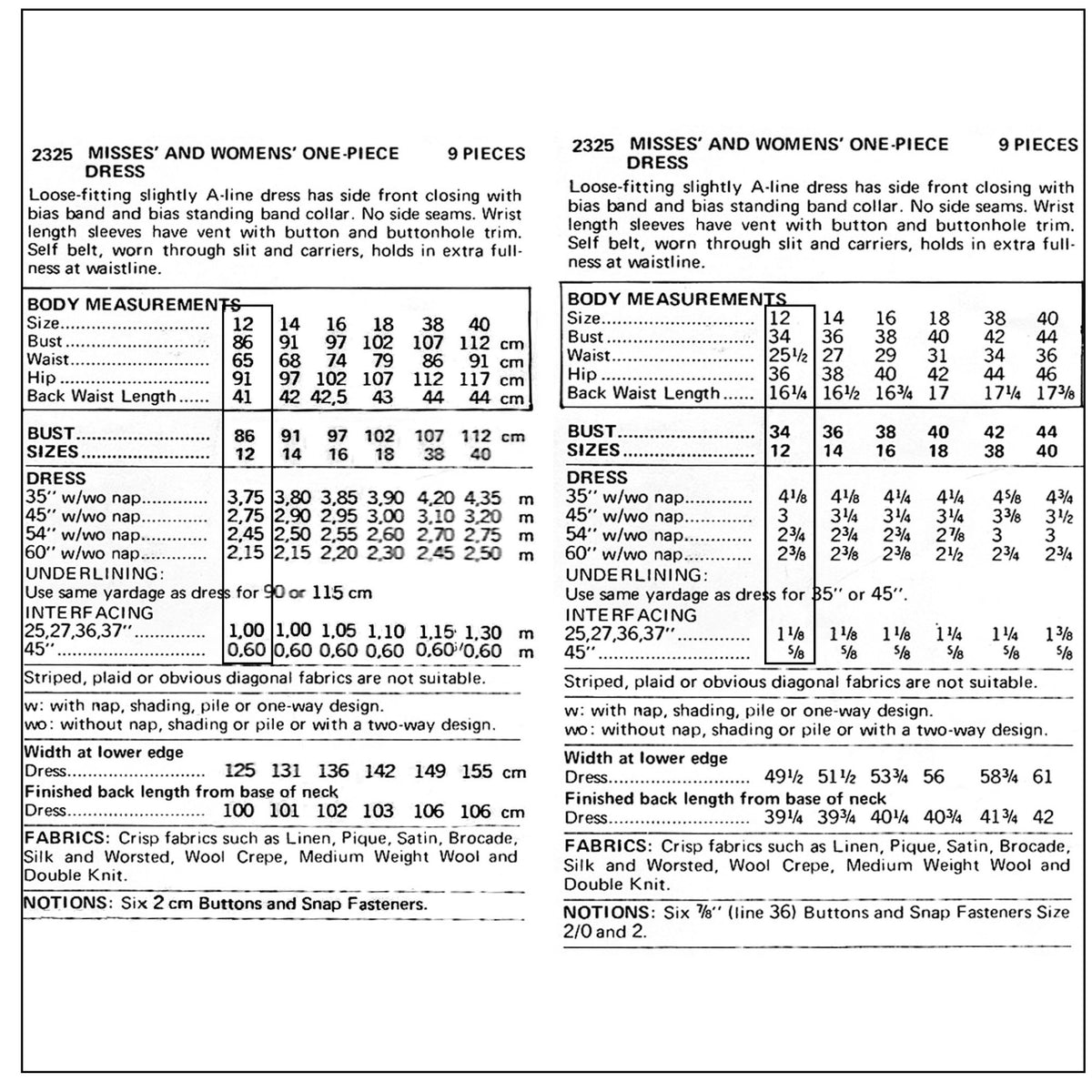 A black-and-white printed size and measurement chart for a dress pattern, showing body measurements, bust, waist, back waist length, fabric sizes, and sewing notes in tabular format.