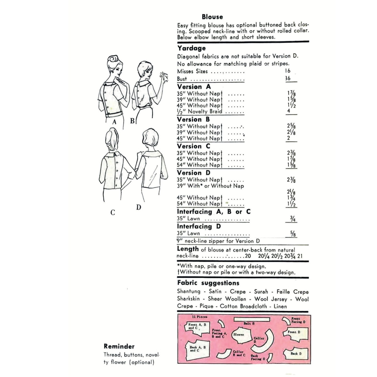 A printed sewing pattern sheet showing front and back views of a blouse with labeled measurements, fabric yardage requirements, interfacing details, and fabric suggestions. The page includes line drawings and text tables rather than a photographed physical product.