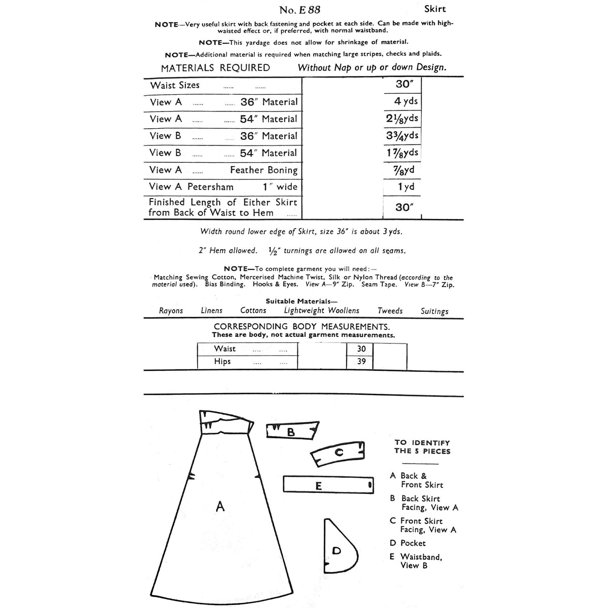 A printed sewing pattern sheet titled 'No. E 88 Skirt' with measurement tables, fabric requirements and pattern piece outlines on a white page.