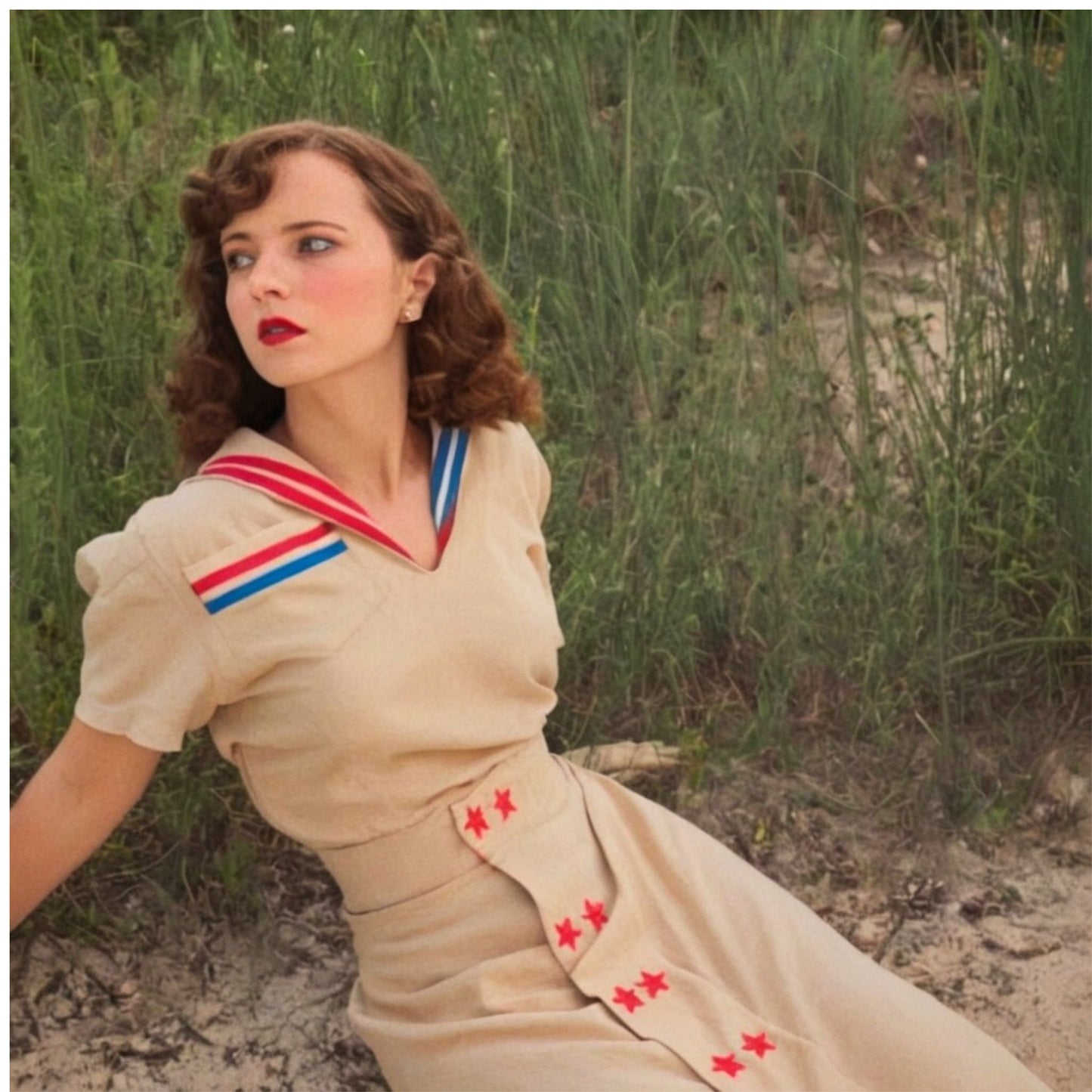 Woman in a vintage-style dress with red, white, and blue accents sitting in a natural setting.