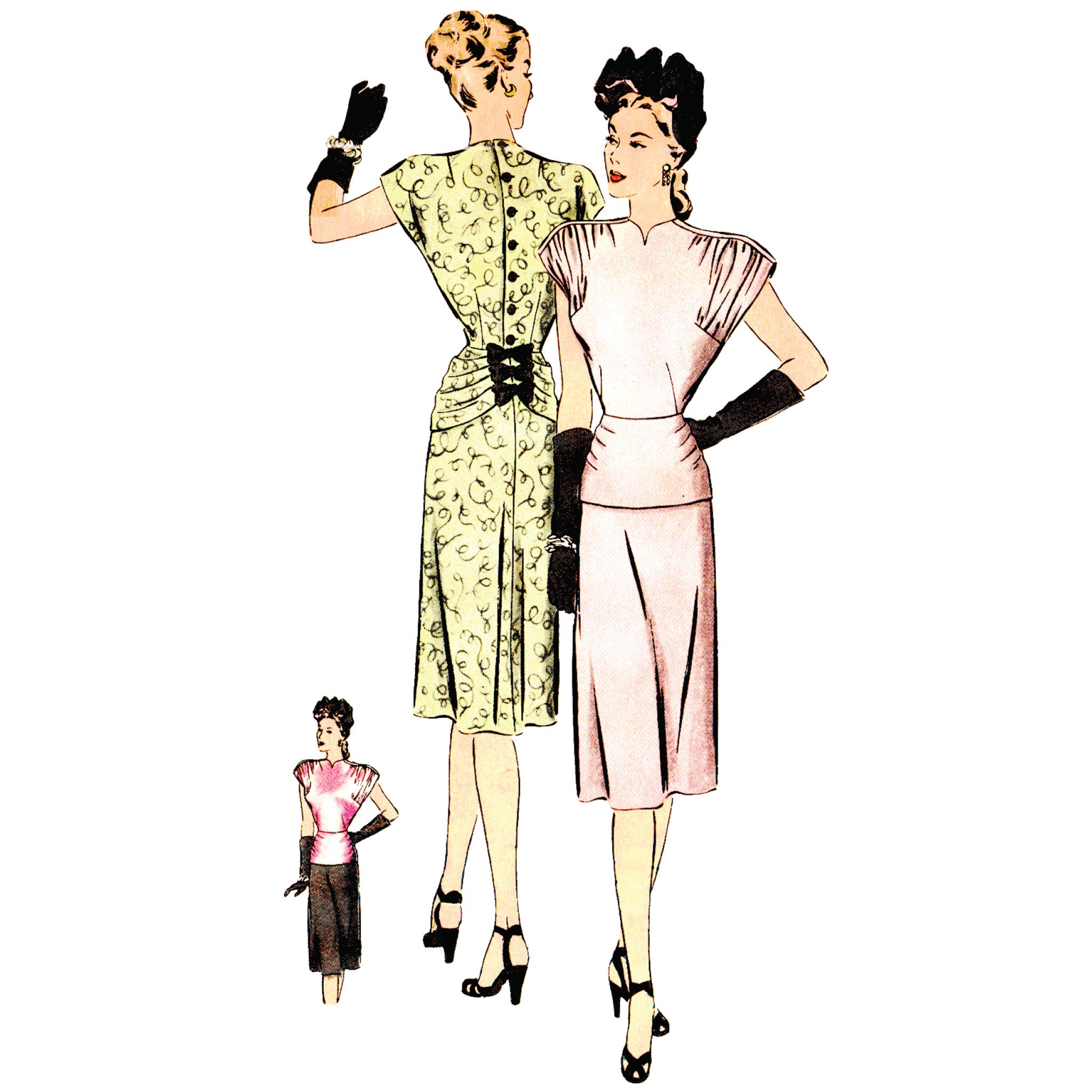 PDF-1940s Sewing Pattern, Dress with Peplum-Bust 36” (91.5cm)-Download