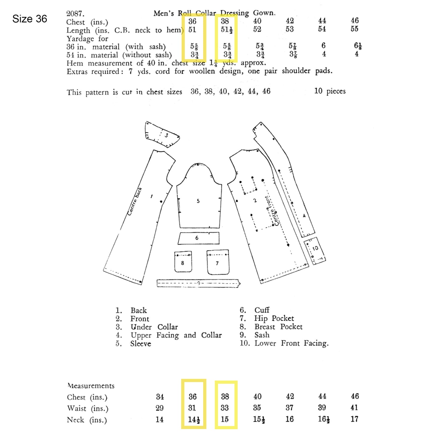 A printed sewing pattern sheet showing labelled flat pieces for a men's roll collar dressing gown, with measurements listed above and below the pattern pieces.