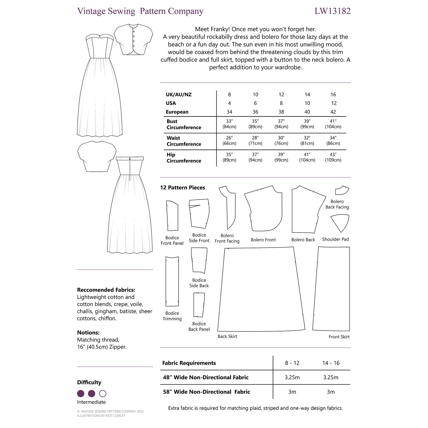 A sewing pattern sheet from Vintage Sewing Pattern Company showing a front view and back view of a dress and bolero with measurements in UK/AU/NZ, European, US, and UK inches, plus a diagram of 12 pattern pieces and fabric requirements.