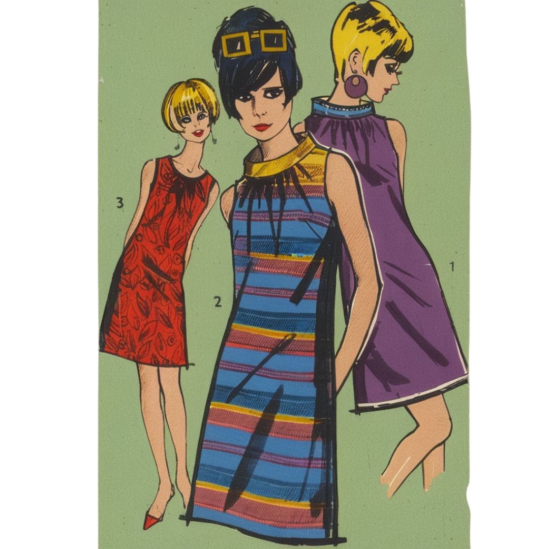 Illustration of three women wearing different dresses on a green background