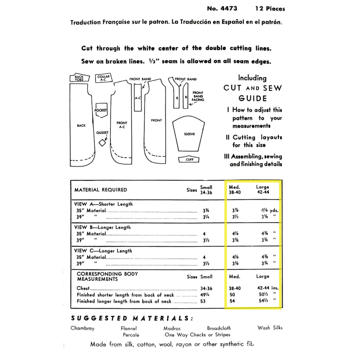 A printed sewing pattern sheet showing a pattern diagram with labels for back, front, and pocket, plus a cutting and sewing guide and a material/measurements table.