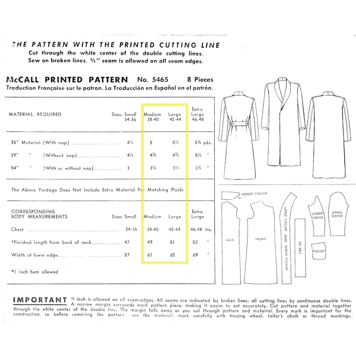Vintage sewing pattern with garment illustrations and measurements on a white background