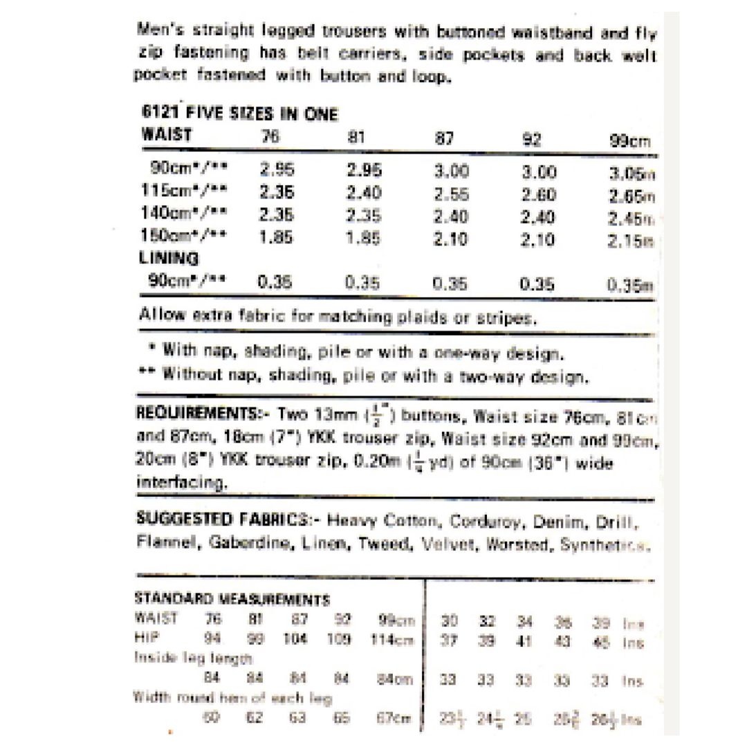 Measurement chart for men's straight legged trousers with waist size and lining information.