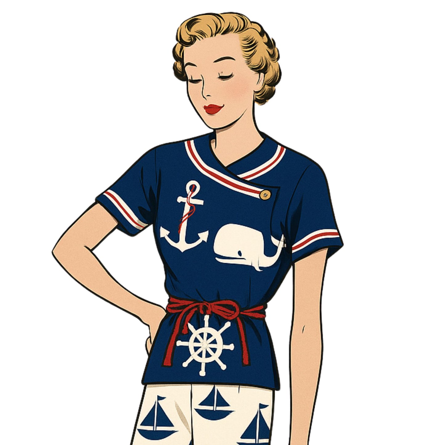 Illustration of a woman wearing a navy blue shirt with whale and anchor designs on a white background