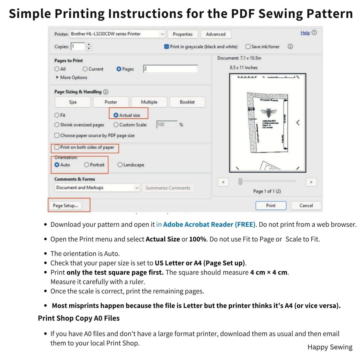 A printed-style instruction sheet titled 'Simple Printing Instructions for the PDF Sewing Pattern' with a screenshot of a printer settings dialog and explanatory text about printing a PDF sewing pattern.
