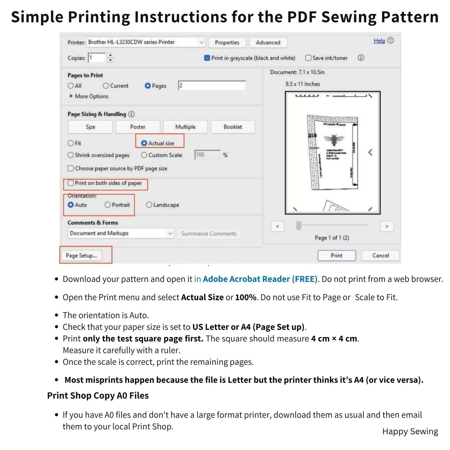 A digital graphic with a screenshot of a PDF sewing pattern printer dialog box and printed instructions on a white background with a dark header reading 'Simple Printing Instructions' and 'PDF Sewing Pattern.'.