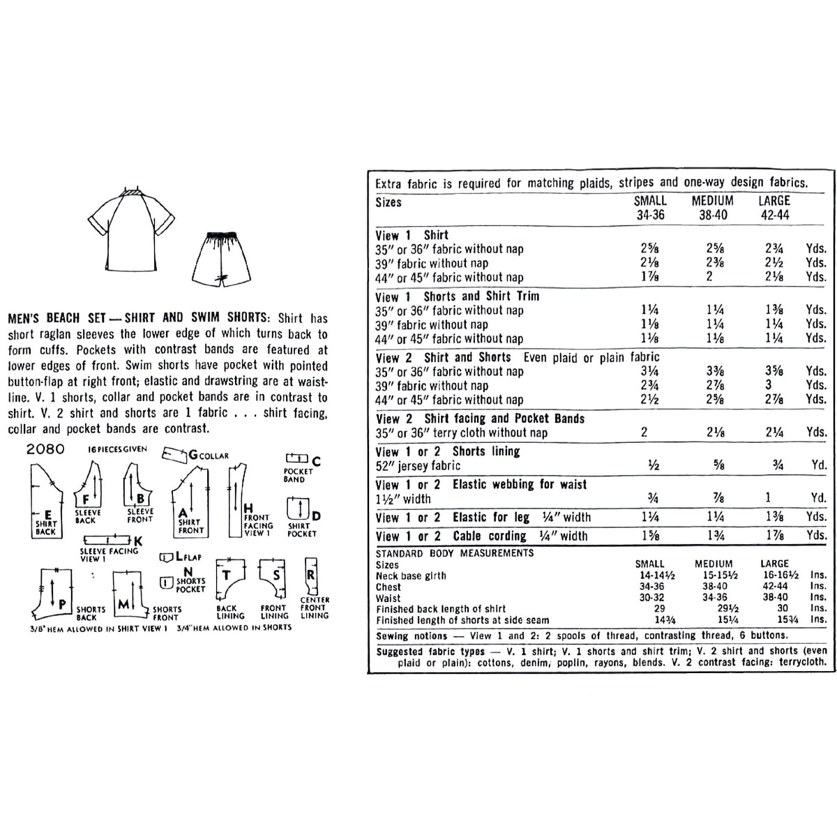 A printed fabric measurement chart for a men's beach set, showing sizing tables, pattern blocks, and garment measurements for shirts and swim shorts on a white background.