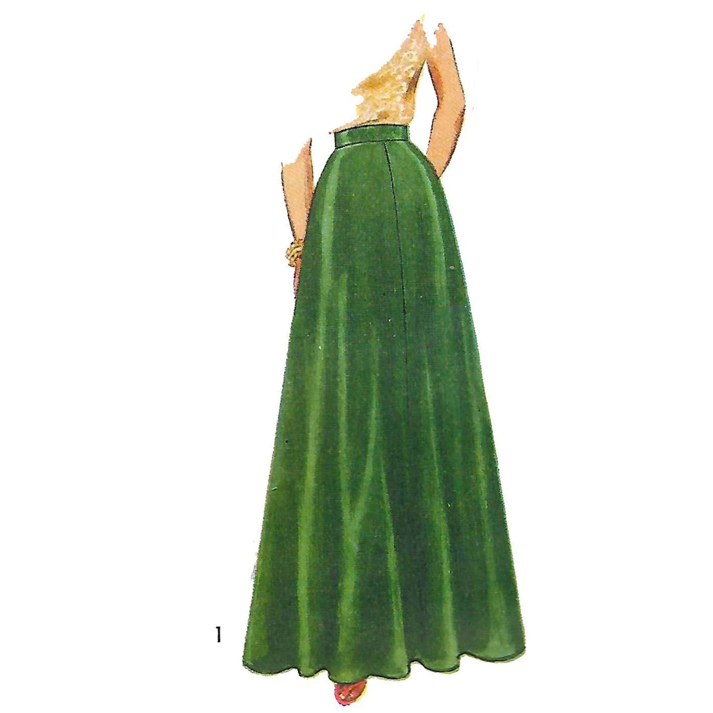 Green evening gown with gold top on a white background