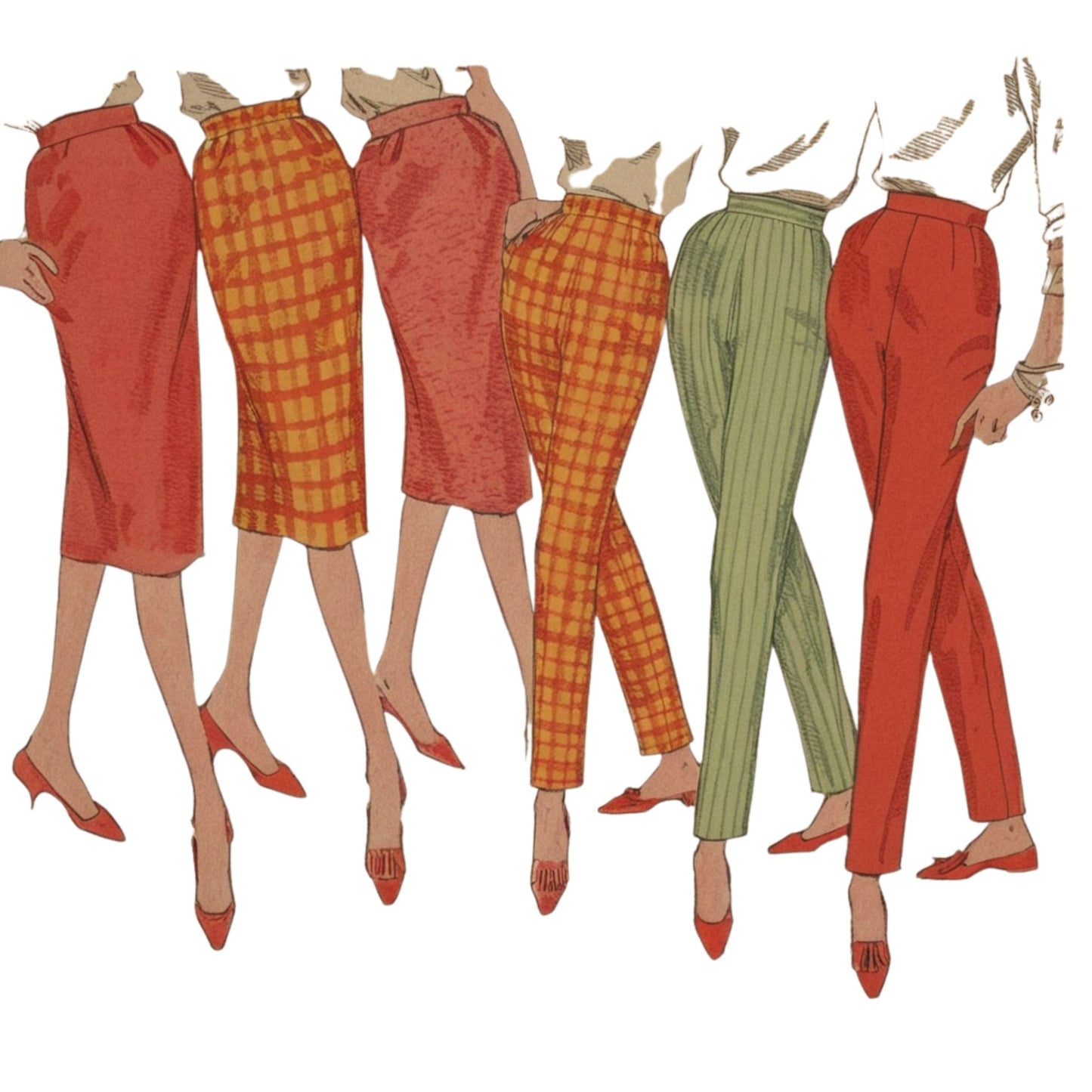 Illustration of women's pants in various colors and patterns on a white background