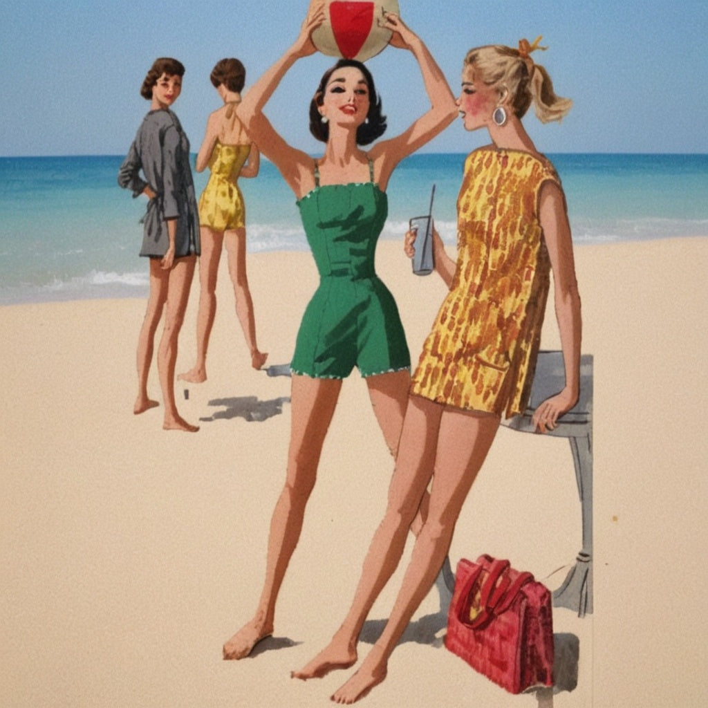 Illustration of women in swimsuits on a beach with a red bag and drinks.