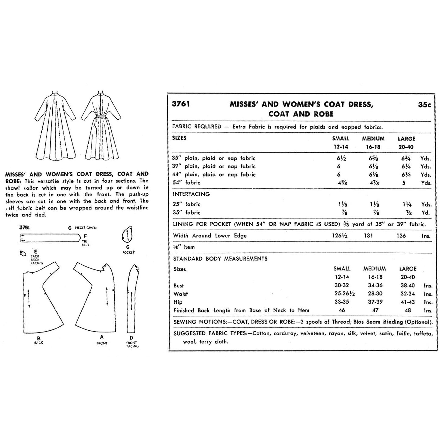 A vintage sewing pattern page for Misses' and Women's Coat Dress, showing fabric requirements, sizes, measurements, and line drawings of the garment construction and front view.