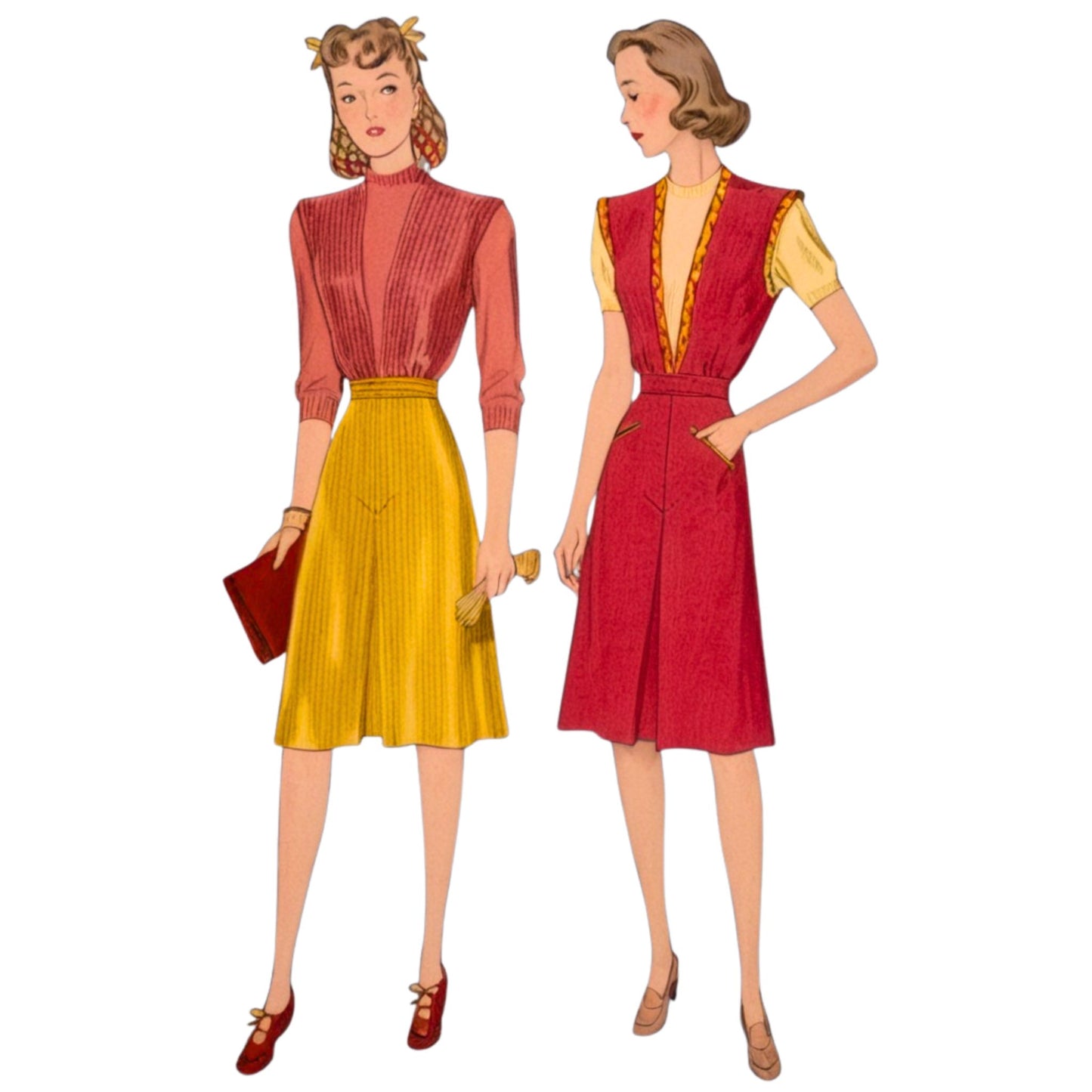 Two vintage-style women wearing red and yellow dresses on a white background