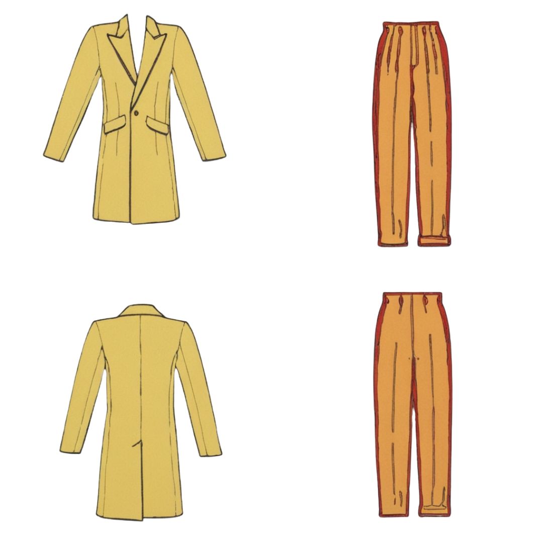 Yellow coat and orange pants on a white background