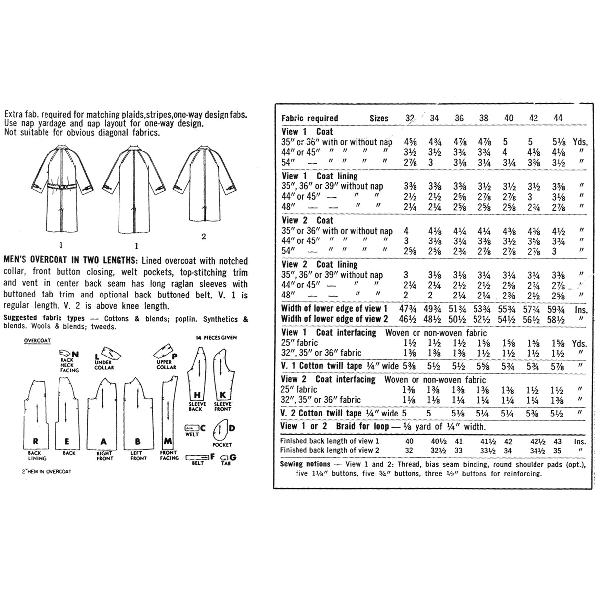 A black-and-white printed sewing pattern sheet showing measurements, fabric requirements, and construction details for a men's overcoat. The page includes labelled views, size tables, and line drawings of the garment and pattern layout.