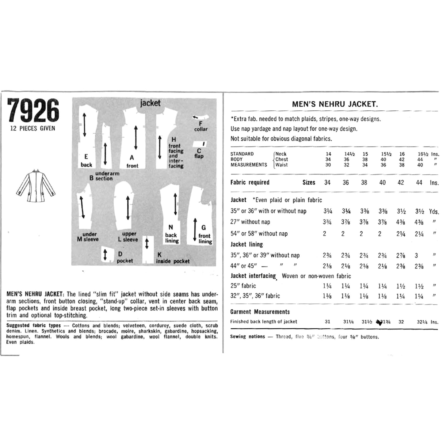 A vintage sewing pattern cover for pattern number 7926, titled 'MEN'S NEHRU JACKET'. The page features a black-and-white line drawing of the jacket with labelled parts, and text specifying fabric requirements, sizes, and garment measurements.