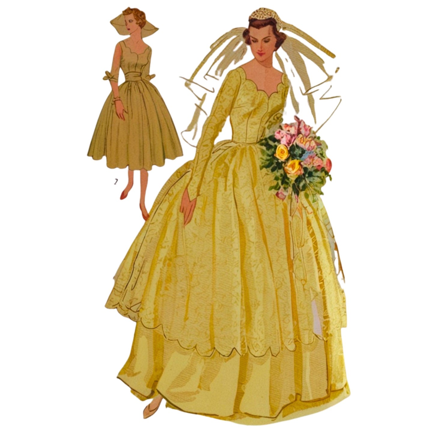 Vintage-style yellow wedding dress with a smaller inset of a similar dress.