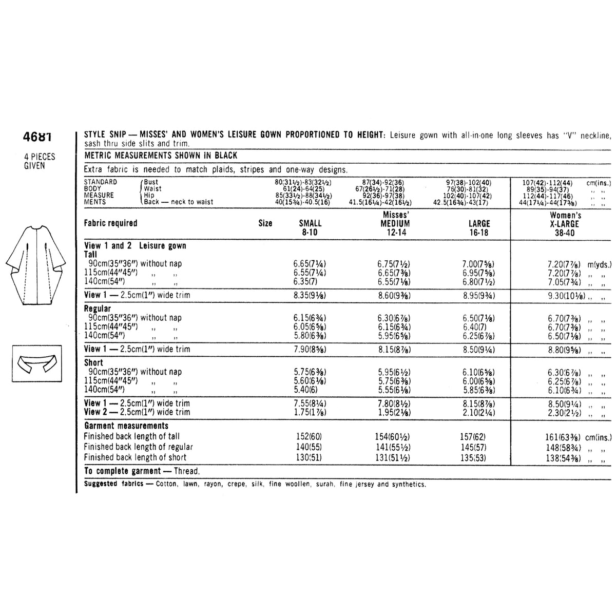 A black-and-white sewing pattern page showing size and measurement tables, fabric requirements, and garment construction details.