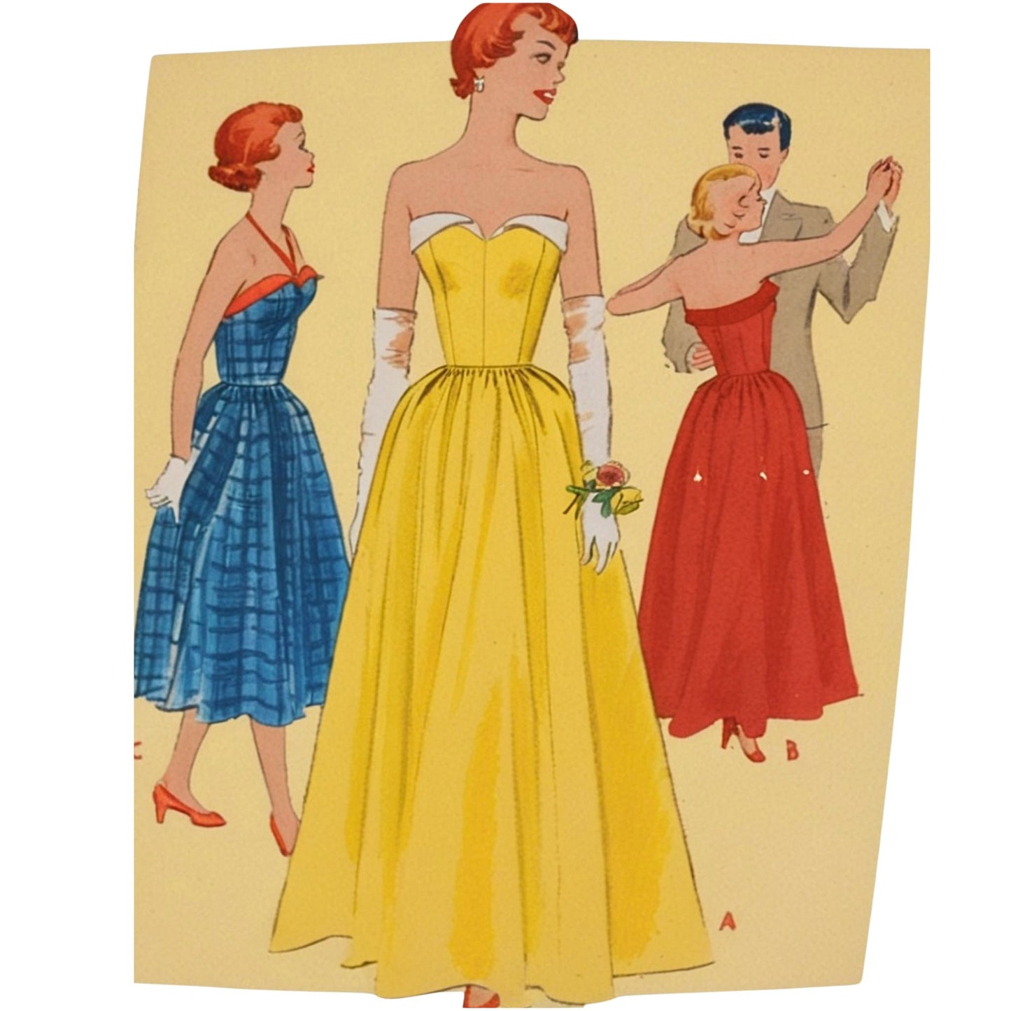 Illustration of women in vintage dresses with a yellow dress in the center.