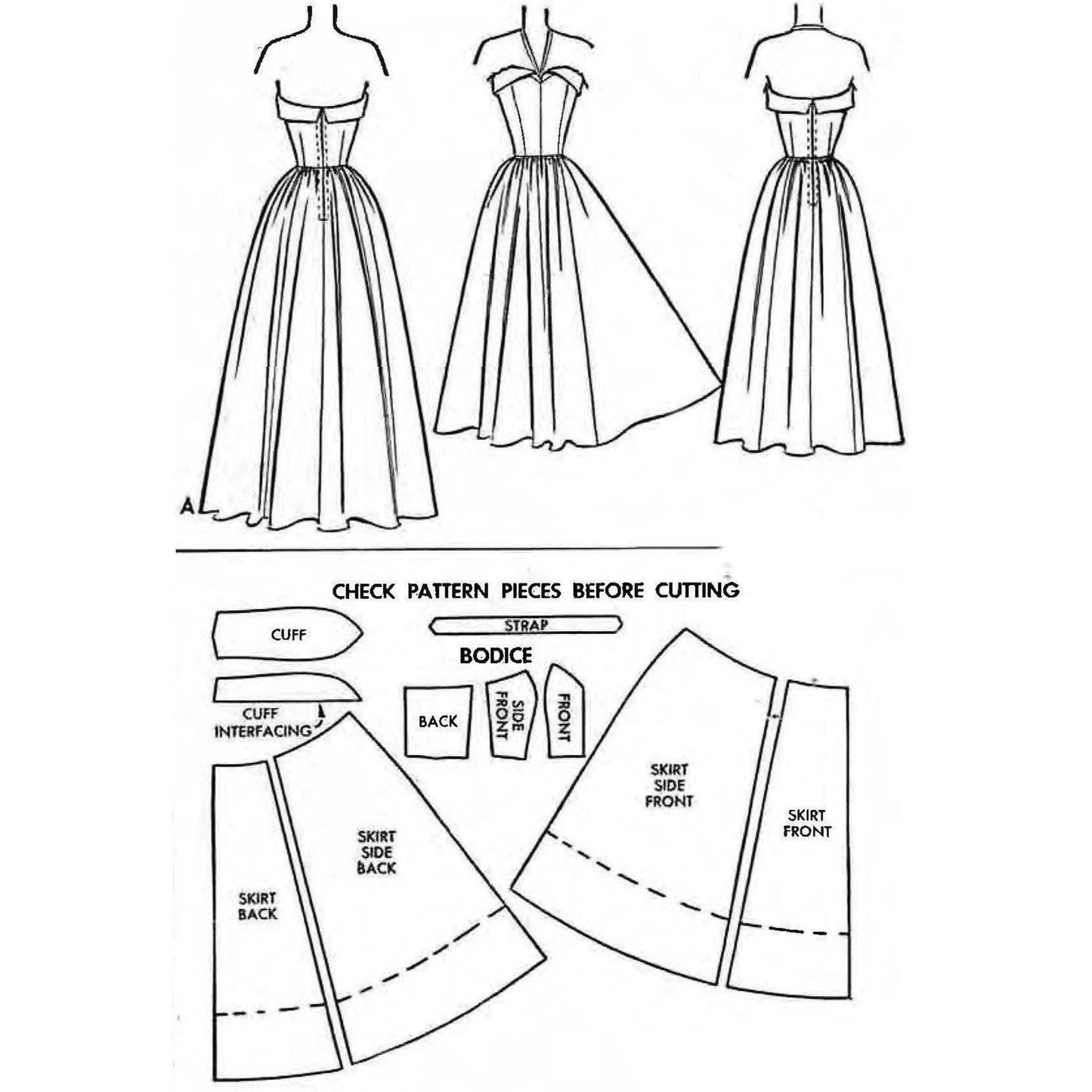 Dress pattern diagram with labeled pieces on a white background