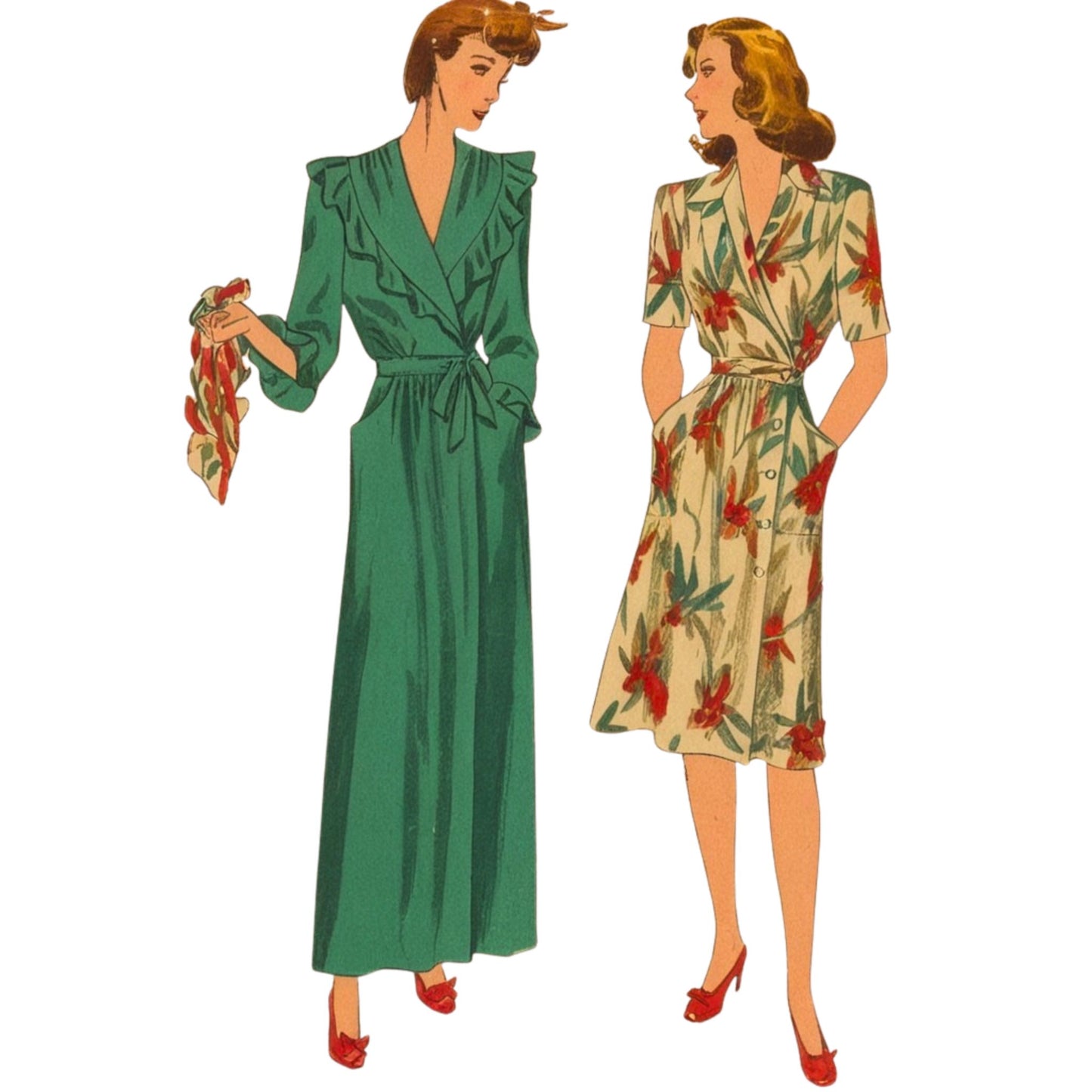 Two women wearing vintage-style dresses on a white background