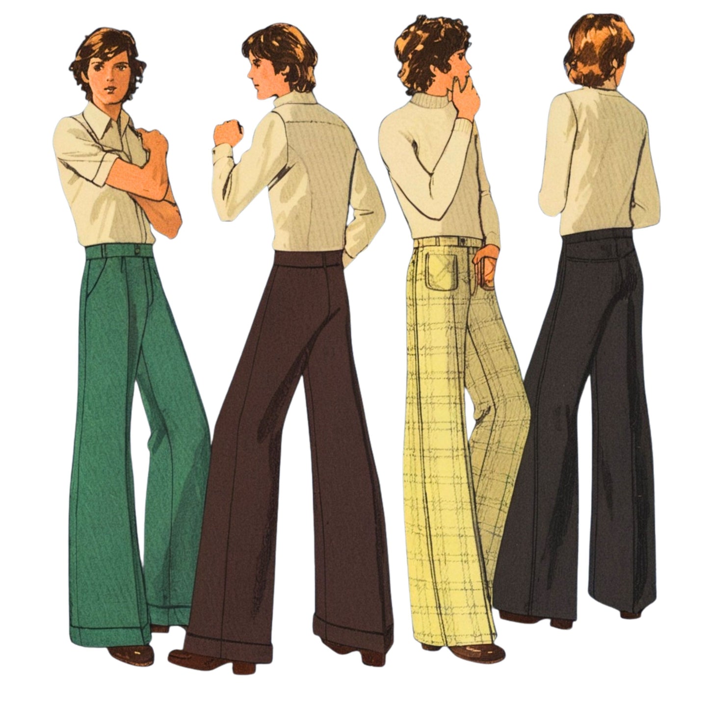 Illustrations of a person wearing different styles of bell-bottom pants in various colors.