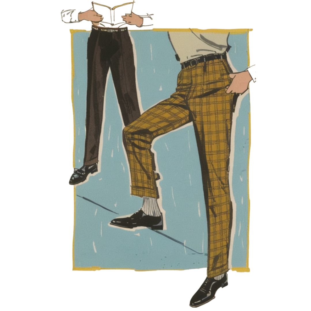 Padrão dos anos 1960, calças masculinas, calças com bainha bolsos –