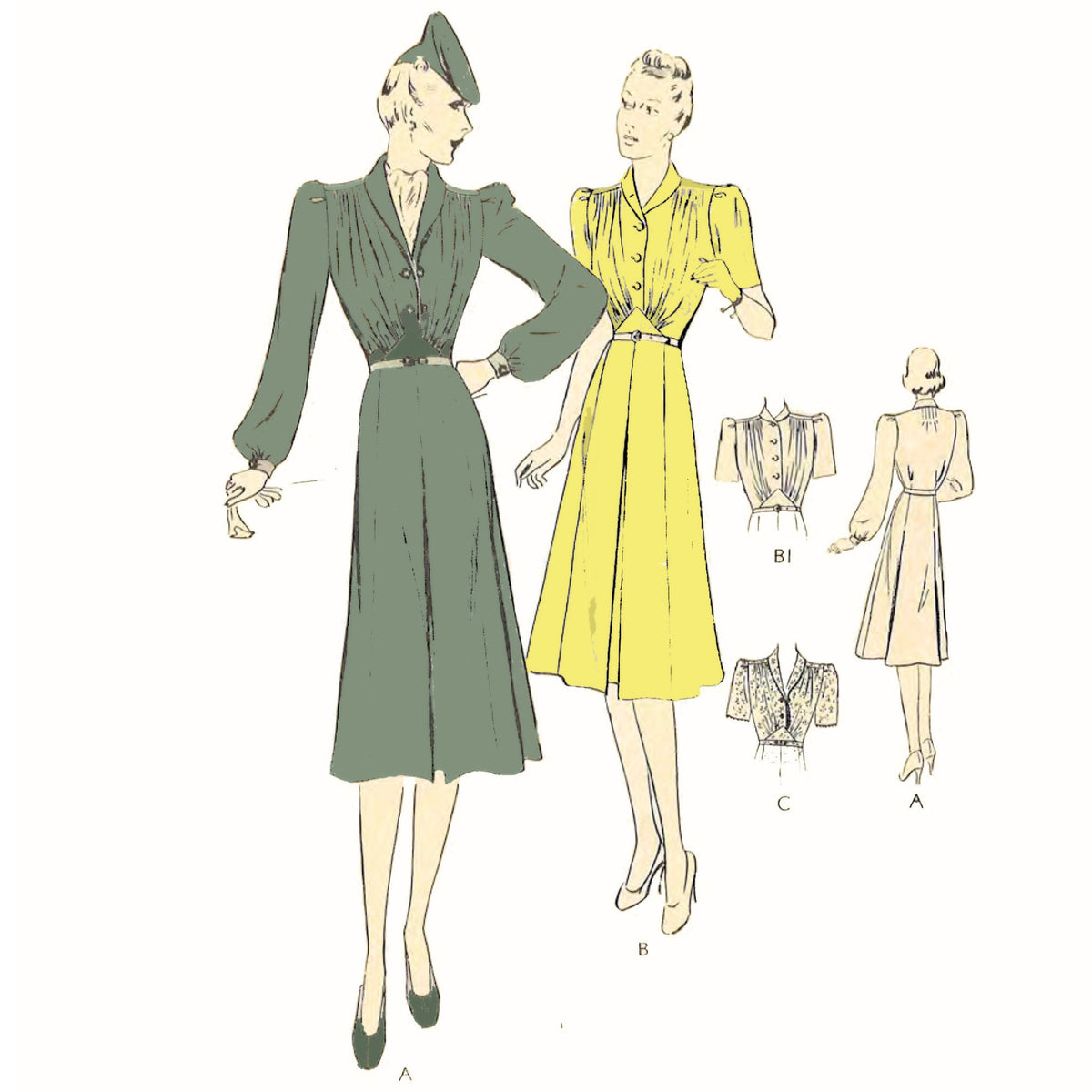 Vintage fashion illustration with two women wearing dresses and a mannequin, on a white background.