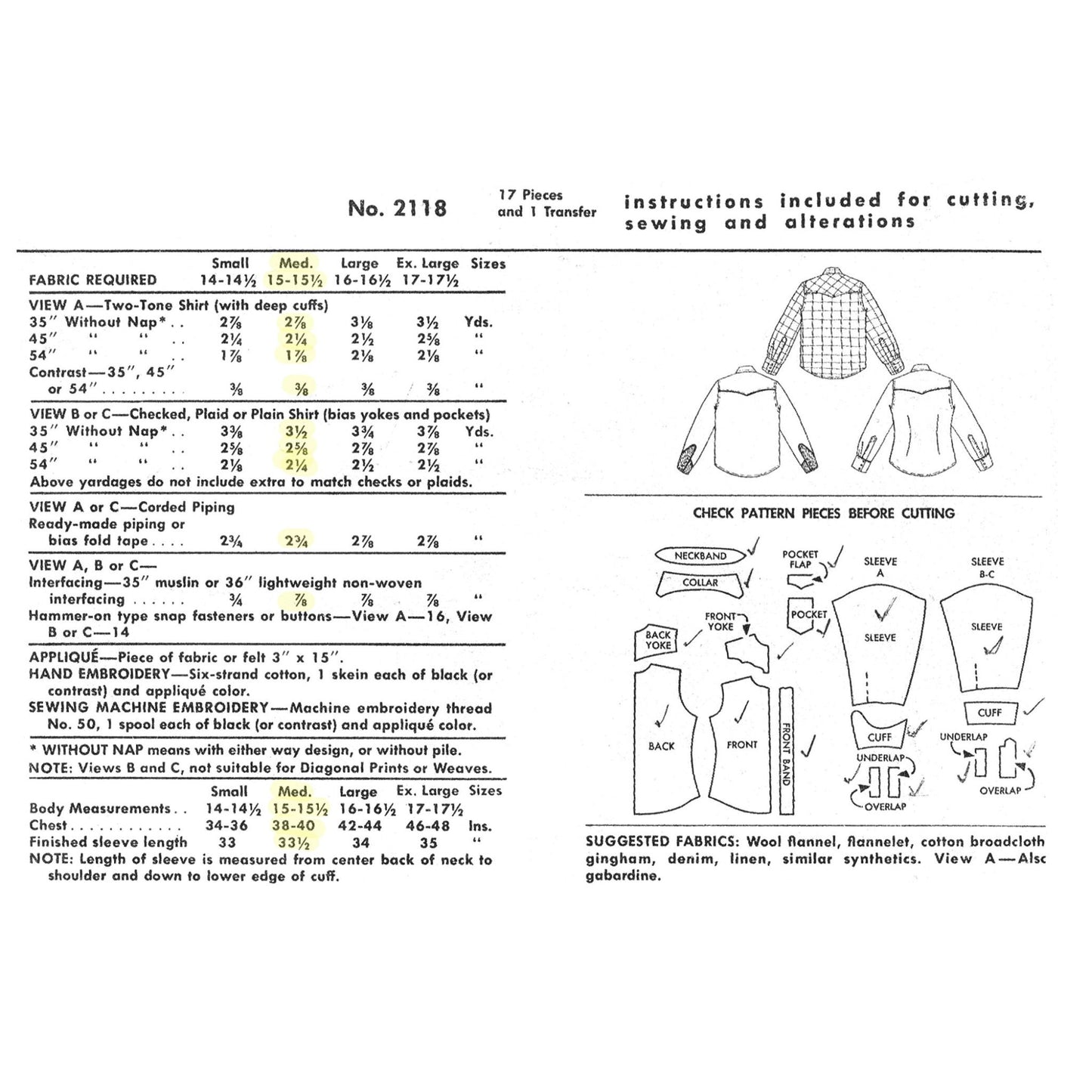 Vintage sewing pattern for a shirt with fabric requirements, measurements, and diagram.