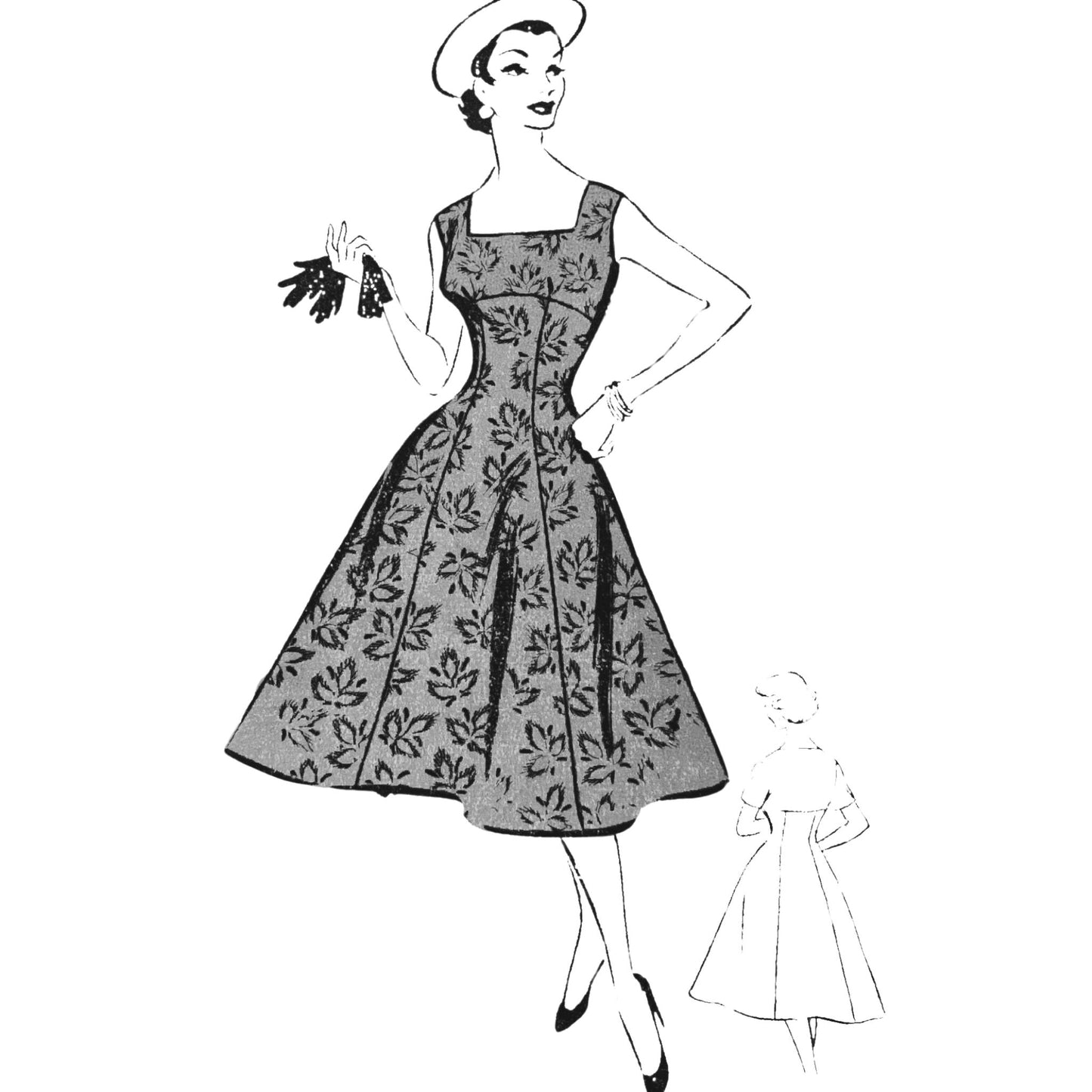 A black and white line drawing of a woman wearing a dress with a floral pattern. The dress has a square neckline and is sleeveless. The woman is wearing a white hat and has her hair pulled back. The dress is fitted at the waist and flares out at the hem. The woman is standing with her right hand on her hip and her left hand holding a pair of gloves. There is a smaller drawing of a woman wearing a white dress in the bottom right corner of the image.